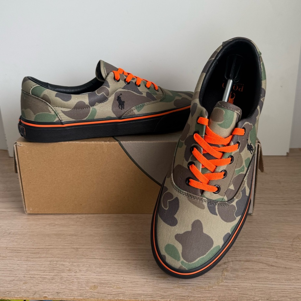 Polo Ralph Lauren Camouflage Green/Orange Canvas Men Sneakers- SZ 10.5 - Picture 12 of 12